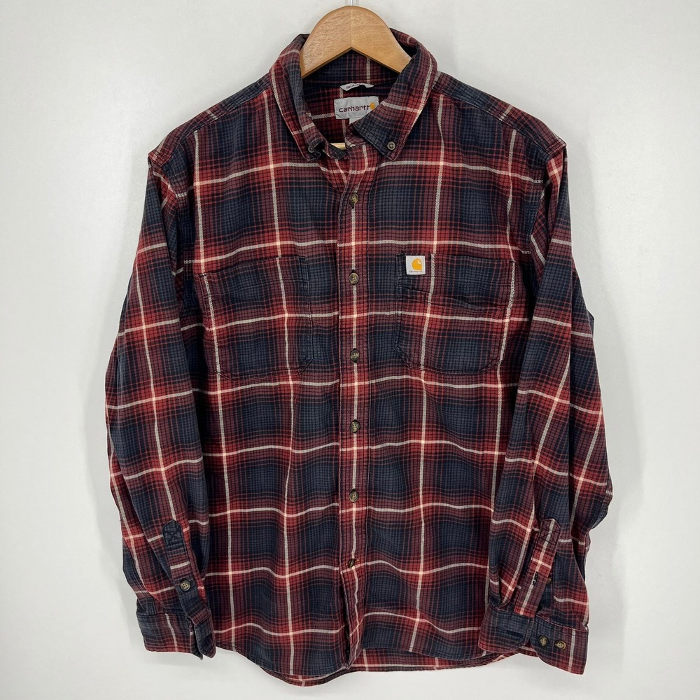 Carhartt Mens Relaxed Fit Plaid Button Down Shirt Red Navy Size M